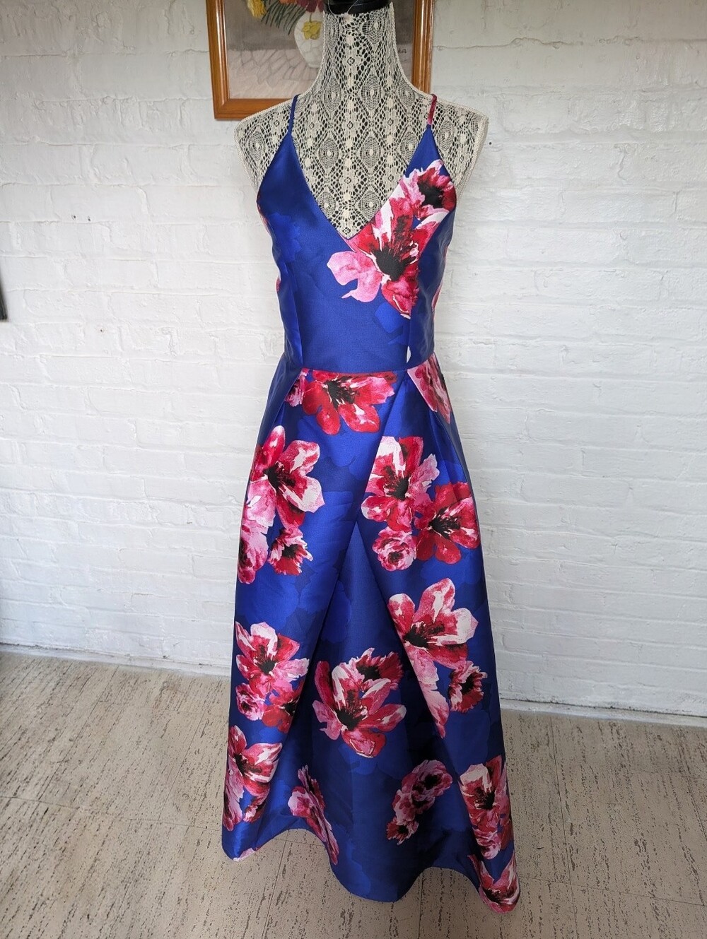A. Byer Blue Floral A-Line Spaghetti Strap Dress